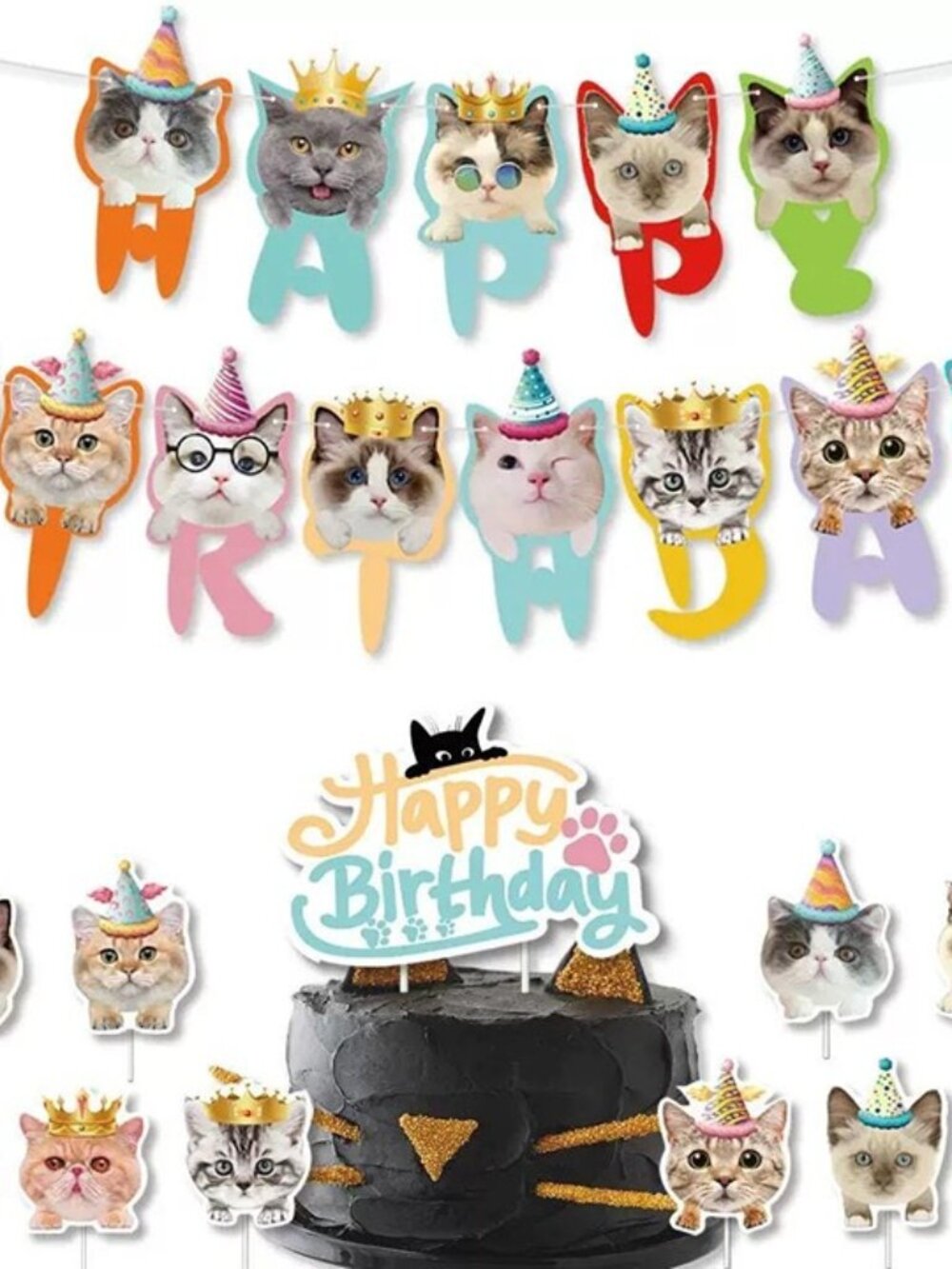 Cat Birthday Letter Banner & Cupcake Toppers Set – Pet Party Decorations
